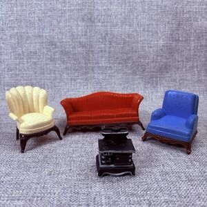 Vintage Renwal Dollhouse Furniture Lot 4pc Red Sofa Blue Chair Cream Stove 1950s